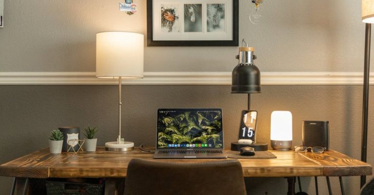 Desk Lamps - Desk Lamps and Open Laptop on a Wooden Desk