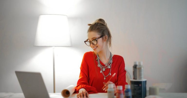 Desk Accessories - Woman in Red Long Sleeve Shirt Looking At Her LAptop